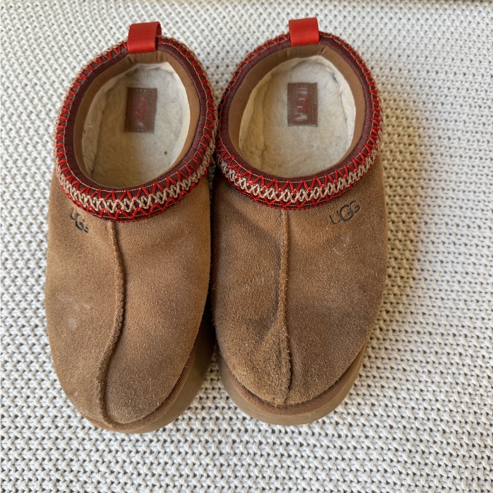 UGG Brown Suede Slippers with Red Trim